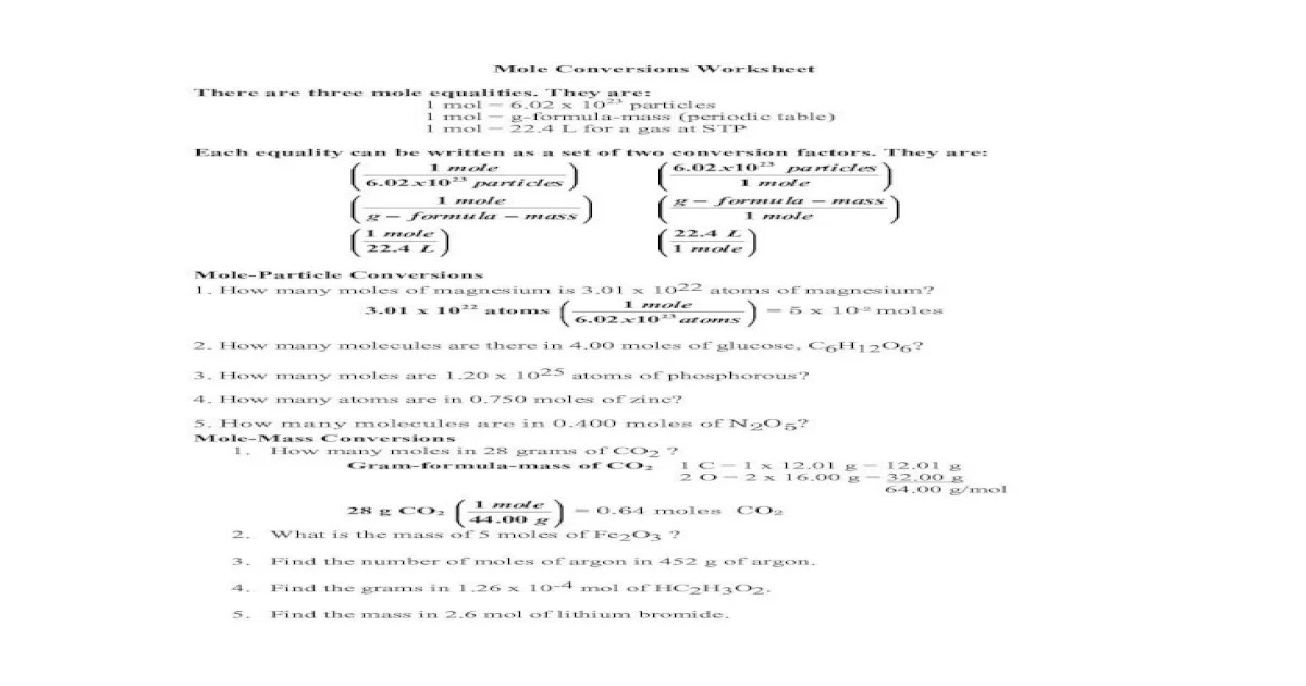 Moles and grams conversion worksheet