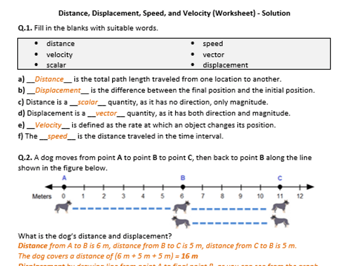 Distance displacement speed and velocity worksheet answers